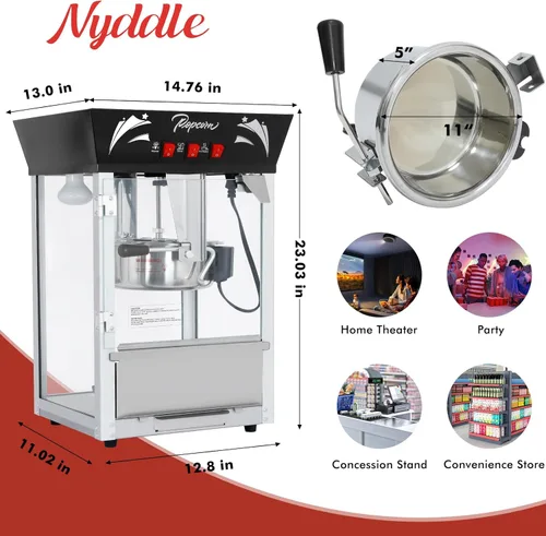 Miniatura 3 de Máquina de hacer palomitas, hervidor de 12 onzas de acero inoxidable, máquina comercial de palomitas con vidrio templado, bandeja de calentamiento
