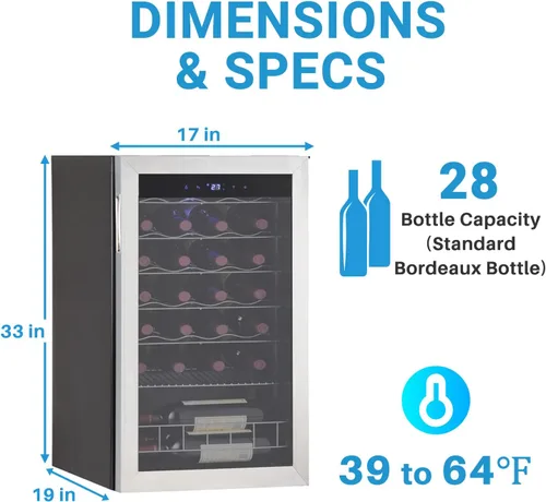 Miniatura 3 de Refrigerador de vino independiente, compresor de 28 botellas con termostato digital y puerta de vidrio, acero inoxidable