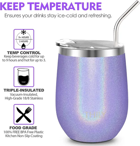 Miniatura 3 de THILY T2 Vaso de vino de acero inoxidable aislado – Juego de copas de vino sin tallo con triple aislamiento de viaje con tapa hermética y popote