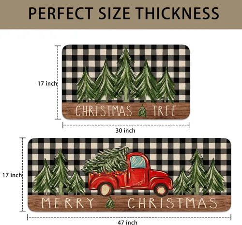Miniatura 3 de Juego de 2 alfombras de cocina de Navidad, alfombra de cocina roja con diseño de camión y árbol de Navidad para el suelo, alfombra antideslizante