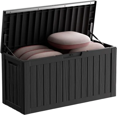 Miniatura 12 de Caja de almacenamiento impermeable para exteriores de 180 galones, caja de resina resistente a los rayos UV con varilla hidráulica para mayor 2-Gris