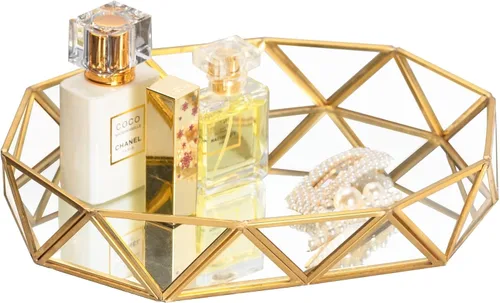 Miniatura 9 de Feyarl Bandeja Pequeña de Cristal Dorado para Perfumes, Organizador de Baratijas y Joyas, Bandeja Decorativa Ornamentada para Vanidad, Cosméticos