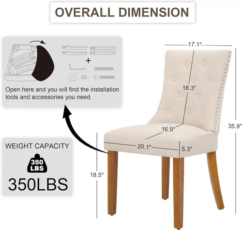 Miniatura 2 de Juego de 4 sillas de comedor tapizadas copetudas, sillas laterales de tela para comedor con cabeza de clavo en la parte trasera y patas de madera