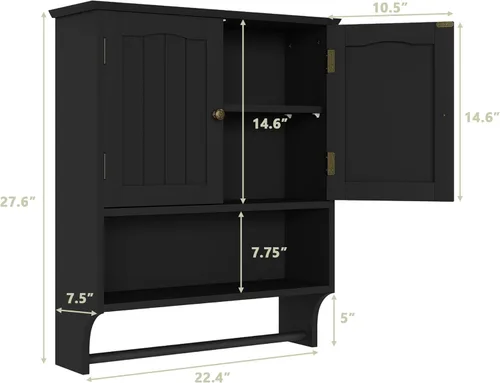 Miniatura 3 de Smuxee Armario de baño negro montado en la pared con barra de toallas, botiquín con 2 estantes ajustables de puerta, armario sobre inodoro