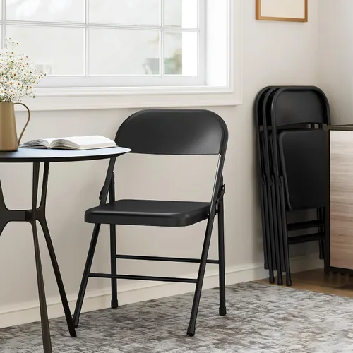 Miniatura 4 de IDEALHOUSE Juego de 4 sillas plegables de acero, sillas de comedor plegables de metal resistente negro con respaldo, soporta hasta 350 libras, silla