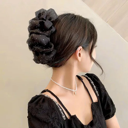 Miniatura 7 de Myhiju Pinza para el cabello, pinza de pelo de tul de malla de gasa negra, clip de lazo de seda de sujeción fuerte para mujeres, accesorios