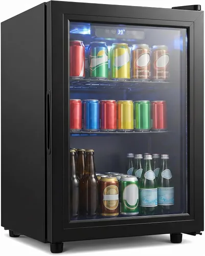 Refrigerador de bebidas de 1.7 pies cúbicos, mini refrigerador de 68 latas con puerta de vidrio, control digital de temperatura, estantes
