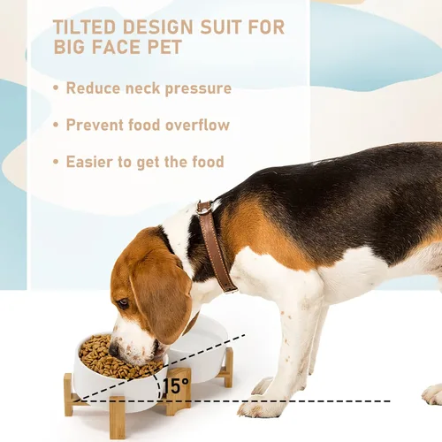 Miniatura 2 de SPUNKYJUNKY Cuenco de cerámica inclinado de 15° para perros y gatos con soporte de madera, cuenco inclinado para comida y agua para bulldog Blanco