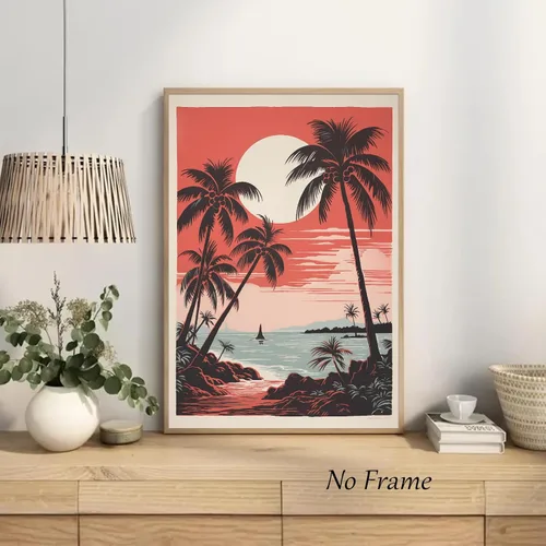 Miniatura 2 de Arte de pared vintage de paisaje marino retro, póster de playa con imagen de palmera, lienzo de árbol tropical, arte de pared, arte de océano