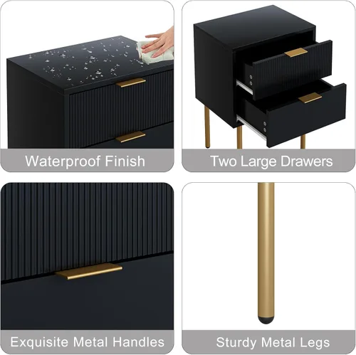 Miniatura 7 de Mesita de noche, mesita de noche pequeña con marco dorado, mesita de noche negra, muebles de noche, mesa auxiliar con 2 cajones para dormitorio