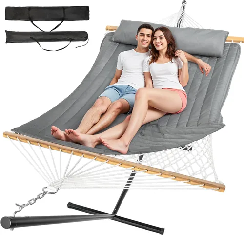 Miniatura 14 de Everyfun - Hamaca para 2 personas al aire libre con soporte, hamaca de cuerda de algodón con almohadilla de poliéster, estructura de acero