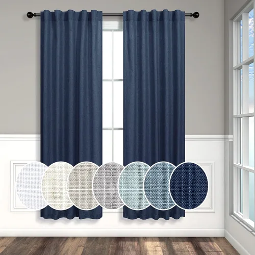 Miniatura 108 de Cortinas de lino azul de 84 pulgadas de largo para sala de estar; juego de 2 paneles con lengüeta trasera; cortinas con dobladillo para barra; Azul