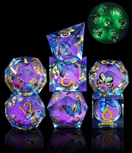 Miniatura 22 de AUSTOR Juego de dados DND de resina de núcleo líquido, de borde afilado poliédricos, juego de 7 dados DND de arena movediza hechos a mano de resina