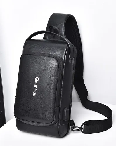 Miniatura 2 de Geanbun Bolso bandolera antirrobo para hombre, bandolera de piel sintética a la moda, mochila USB para el pecho para viajes