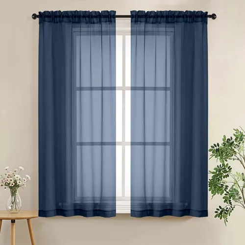 Miniatura 110 de LIVEKID Cortinas traslúcidas negras de cocina de 36 pulgadas de largo, cortinas cortas filtrantes de luz, 2 paneles de gasa aireada, texturizadas