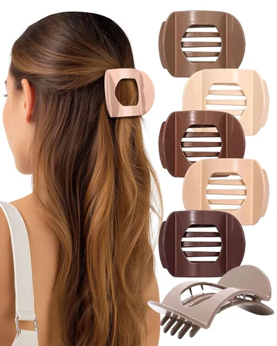 AWAYTR 6 pinzas planas para el cabello para mujer, pinzas curvadas de agarre fuerte para cabello fino, pasadores de plástico antideslizantes (marrón