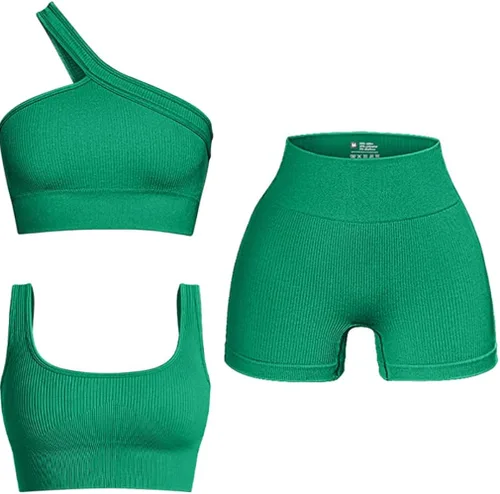OQQ Conjunto activo de 3 piezas para mujer, acanalado, sin costuras, cuello redondo, brasier deportivo de un hombro, pantalones cortos de cintura
