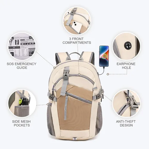 Miniatura 4 de Mochila de senderismo para mujeres y hombres de 20 litros con bolsillo extraíble para teléfono, mochila de viaje ligera pequeña mochila de Beige