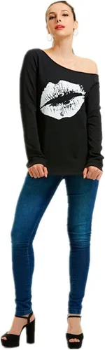 Miniatura 2 de MAGICMK - Sudaderas con hombro descubierto para mujer, manga larga, estampado de labios, casuales