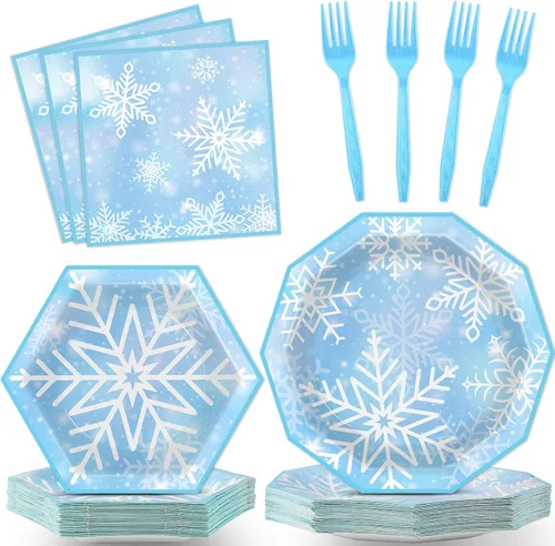Sirve 24 platos de papel de copo de nieve de Navidad, servilletas de almuerzo azul de nieve de invierno, juego de vajilla desechable de copo de