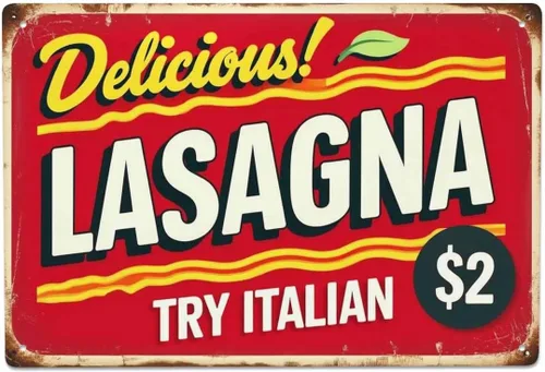 AOYEGO Letrero de hojalata de lasaña, con texto en inglés "Try Italy Delicious Food", de metal, vintage, para cafeterías, bares, bares, bares,
