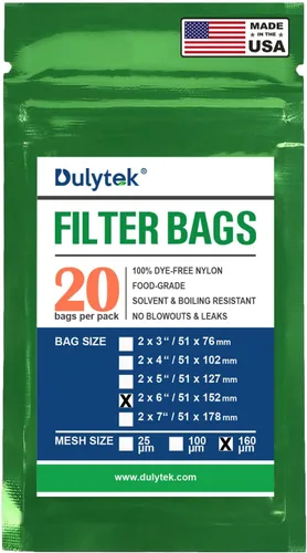 Dulytek 20 bolsas de filtro de nailon de alta calidad, 160 micras, 2 x 6 pulgadas, doble costura, cero golpes, fabricadas en los Estados Unidos