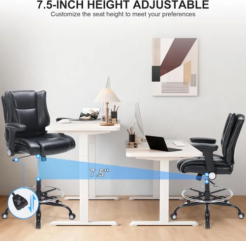 Miniatura 7 de Silla de dibujo de oficina, silla de escritorio alta con reposabrazos ajustables y reposapiés, silla de escritorio de piel sintética con cojín