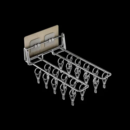 Miniatura 8 de Colgador montado en la pared para balcón, estante de secado de ropa plegable de acero inoxidable, organizador de clip de almacenamiento para ropa