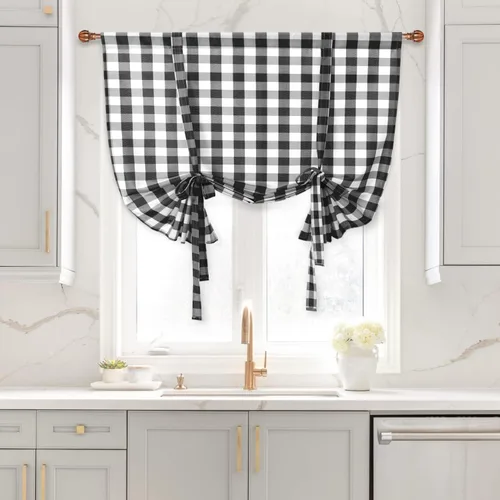 Cortinas Hiasan Buffalo a cuadros con lazos para ventanas - Cortina semi transparente con filtro de luz para barra de cortina, cortina corta tipo