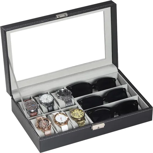 AUTOARK AW-004 - Caja de cuero para 6 relojes y 3 lentes y gafas de sol con organizador de joyas, cajas de almacenamiento para hombre y mujer, tapa