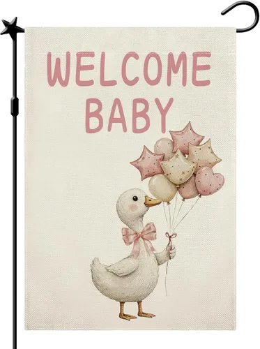 Bandera de bienvenida para el jardín de bebé, letrero de bienvenida a casa de bebé niña para exteriores, doble cara, decoración de ganso tonto, 12.5