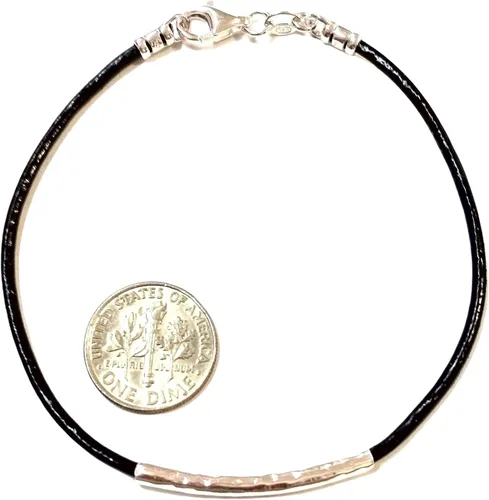 Miniatura 3 de 2mm Black Leather Cord with 925 Sterling Silver Ends, Clasp and Floating Hammered Curved Tube Bracelet. Made to Your Size. Women, Men, Unisex