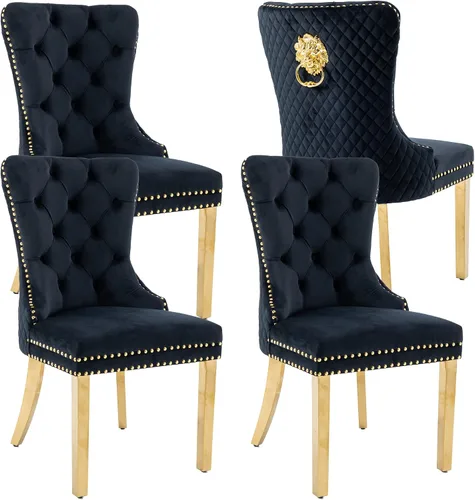 Miniatura 11 de KCC Juego de 2 sillas de comedor tapizadas de terciopelo, modernas sillas capitoné con botones con anillo de cabeza de león y patas de acero Patas