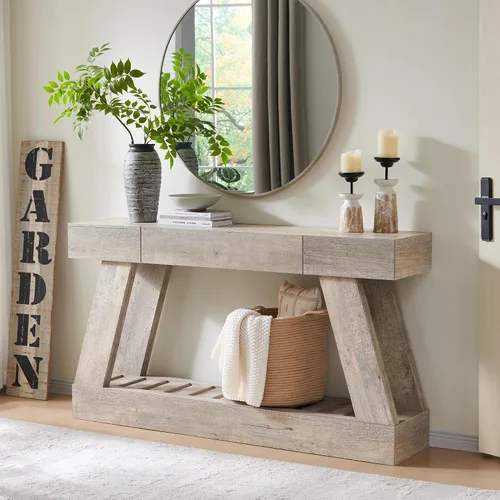 Mesa de entrada de granja de 60 pulgadas con cajón, mesa de vestíbulo de madera con base resistente (roble rústico claro)