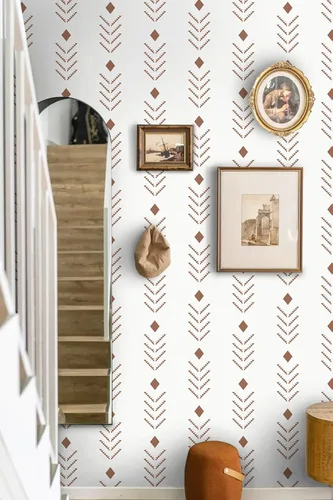 Miniatura 5 de Ismoon Papel tapiz geométrico para despegar y pegar, papel de contacto geométrico beige, papel de pared moderno con punta de flecha roja, extraíble