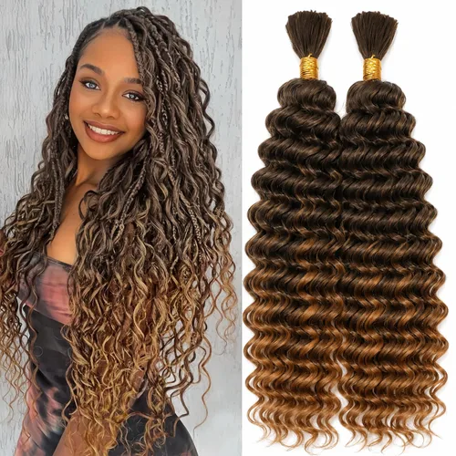 Miniatura 47 de Mezcla de cabello humano trenzado sintético bohemio para trenzar, 16 pulgadas de onda profunda a granel para trenzas bohemias, 2 piezas de cabello 1b