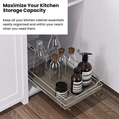Miniatura 5 de Home Zone Living Organizador de gabinete de cocina extraíble con cajón deslizante para almacenamiento que ahorra espacio, 14"A x 21"L, acabado