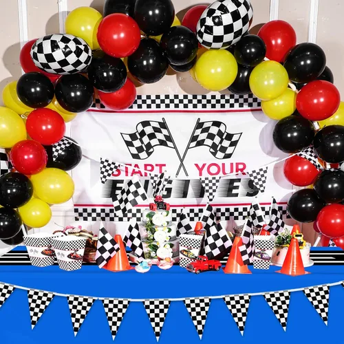 Miniatura 7 de Irenare 6 hojas de suministros para fiesta de cumpleaños de automóvil, decoraciones de fiesta de carreras, mantel de carretera, camino de mesa