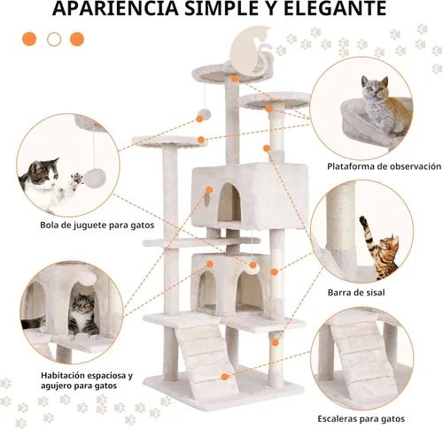 Miniatura 6 de BestPet Torre para Gatos de 54" Beige Resistente, Fácil de Ensamblar, Centro de Actividades Multinivel con Postes Rascadores de Sisal, Condos