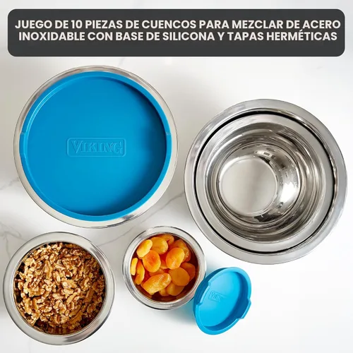 Miniatura 2 de Viking Juego de cuencos para mezclar, 10 piezas de acero inoxidable para cocina, base de silicona antideslizante, incluye tapas de ajuste apretado