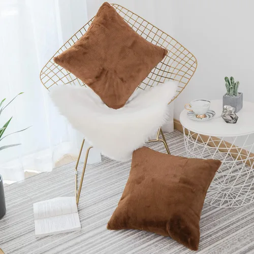 Home Brilliant Juego de 2 almohadas de felpa de piel sintética marrón para sofá, fundas de almohada decorativas cuadradas cálidas para patio, juego