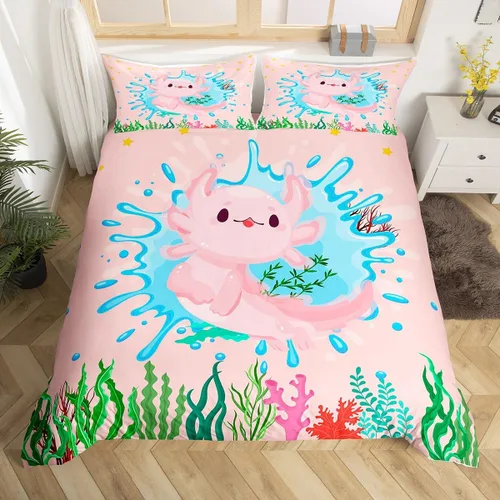 Lindo juego de funda de edredón para niños, tamaño individual, juego de ropa de cama de dibujos animados Salamandra, ajolote océano, decoración de