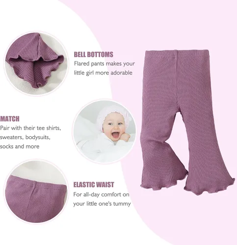 Miniatura 2 de SOBOWO Pantalones acampanados para bebé, paquete de 3 unidades para niña pequeña, color liso, acanalado, con volantes, pantalones acampanados