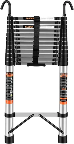 Escalera telescópica, escalera de extensión de 16.5 pies con ganchos, capacidad máxima de 330 libras, escalera telescópica plegable para caravana,