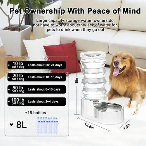 Miniatura 2 de RIZZARI - Dispensador de agua por gravedad grande: alimentador automático de agua para perros de acero inoxidable de 8L con cepillo especializado