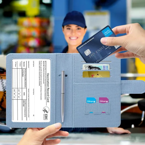 Miniatura 6 de MCmolis Combo de tarjetero para pasaporte y vacunas, funda de cuero con bloqueo RFID, protector organizador de documentos de viaje con ranura