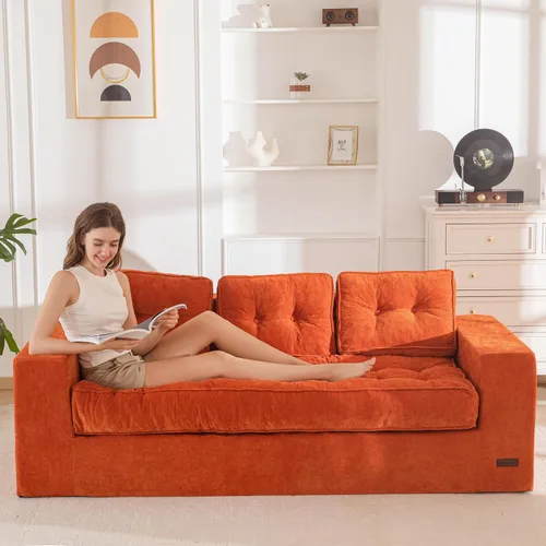 Miniatura 10 de MAXYOYO Sofá de 3 Plazas sin Estructura, Sofá Moderno Acolchado para Sala de Estar, Sillón Suave Tipo Puf de Espuma de Alta Densidad con Almohadas
