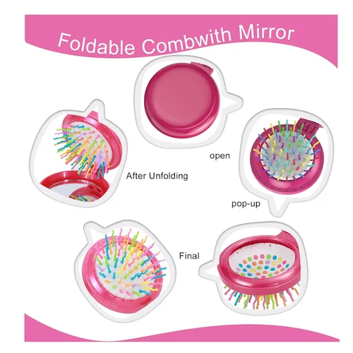 Miniatura 4 de ONLYFU Paquete de 8 mini cepillos de pelo con espejo, cepillos compactos plegables con cerdas de nailon suaves, peine de bolsillo de viaje