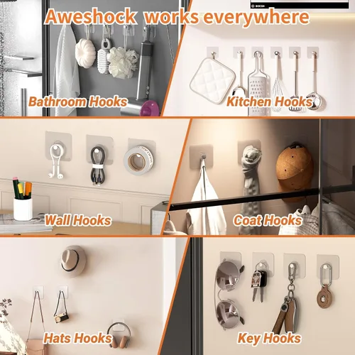 Miniatura 5 de Paquete de 20 ganchos adhesivos de pared, carga máxima de 13 libras, ganchos sin nials, impermeables, a prueba de aceite, sin daños, para toallas