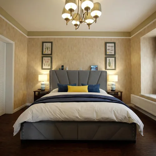 Miniatura 7 de EnHomee Marco de cama tamaño King, marco de cama de terciopelo con cabecero y luz LED, marco de cama de plataforma para dormitorio, apartamento, Gris